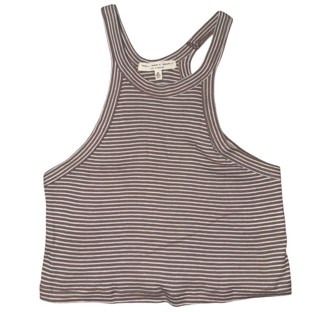 Brown and White Striped Ribbed Women's Tank Top Cropped - Medium